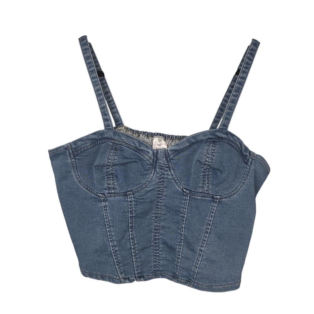 No Boundaries Tank Top Juniors XL 15-17 Blue Denim Corset Cropped Stretch Y2K